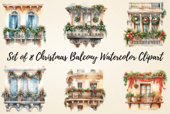 Christmas Balcony Watercolor Clipart for Creative Illustrations