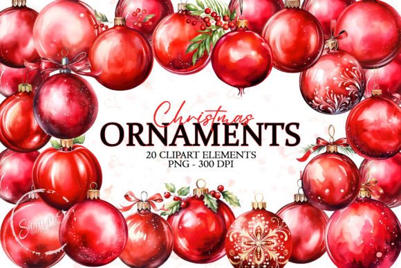 Christmas Balls, Red Watercolor Clipart for Illustrations