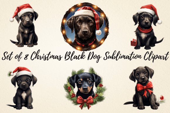 Christmas Black Dog Sublimation Clipart for Illustrations