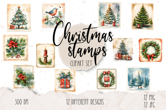 Christmas Stamps Clipart for Modern Illustrations