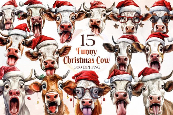 Funny Christmas Cow Sublimation Clipart for Illustrations