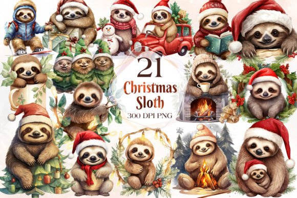 Funny Christmas Sloth Clipart Bundle for Illustrations