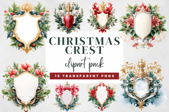 Watercolor Christmas Crest Clipart for Seasonal Illustrations
