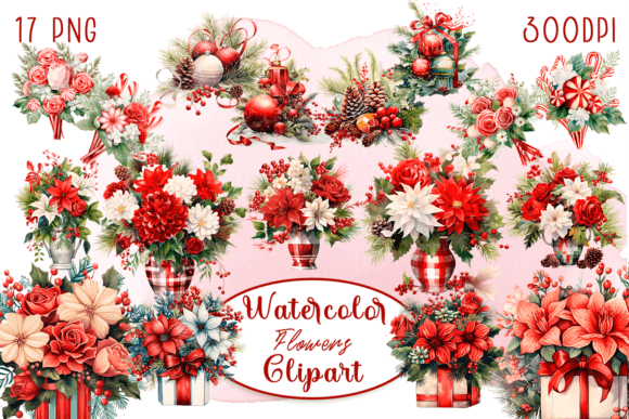 Watercolor Christmas Flowers Poinsettia for Modern Illustrations