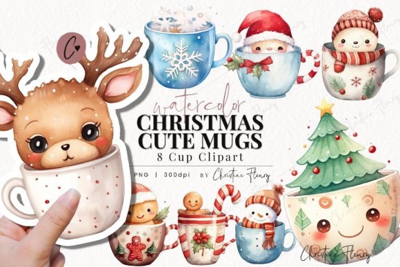 Watercolor Cute Christmas Mugs Clipart for Illustrations